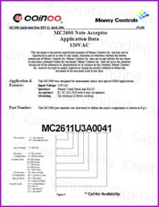 Coinco MC2600 Note Acceptor Application Data 120VAC (9 Pages)